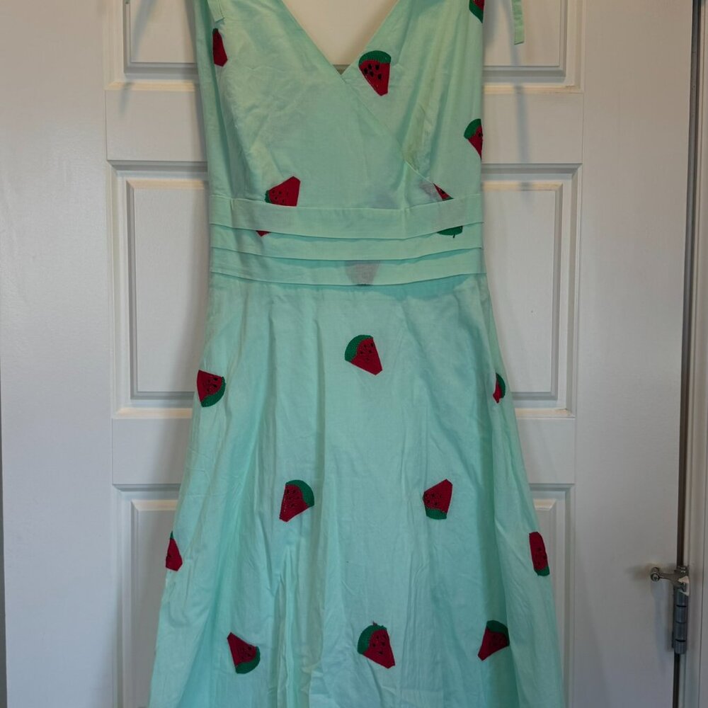 Voodoo Vixen 1950s Style Mint Embroidered Watermelon Swing Dress
